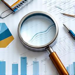 Magnifying glass over documents, symbolizing analysis and discovery.